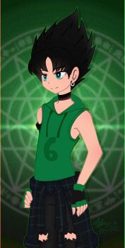 1boy bibi_le black_background black_gloves black_hair black_pants blunt_bangs butch_(ppg) choker clothes_around_waist cowboy_shot earrings fingerless_gloves gloves gradient_background green_background green_eyes green_gloves green_hoodie hands_on_own_hips hood hood_down hoodie jewelry looking_to_the_side male_focus pants parted_bangs powerpuff_girls shirt shirt_around_waist signature simple_background single_earring sleeveless smile solo spiked_hair