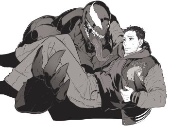 2boys bara beard beard_stubble blank_eyes carrying claws closed_mouth cropped_torso drawstring eddie_brock facial_hair fingernails full_body goatee_stubble greyscale highres homil_21 hood hood_down hoodie interspecies jacket large_pectorals letterman_jacket long_tongue looking_at_another male_focus marvel mature_male monochrome monster_boy multiple_boys muscular muscular_male mustache_stubble open_clothes open_jacket open_mouth pants pectorals pocket princess_carry saliva sharp_fingernails sharp_teeth short_hair sideburns_stubble spider-man_(series) stubble sweatdrop symbiote teeth tongue tongue_out trapezius undercut veins veiny_arms venom_(marvel) yaoi
