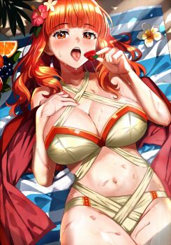 1girl bare_shoulders beach_towel bikini blunt_bangs breasts brown_bikini celica_(fire_emblem) celica_(summer)_(fire_emblem) cleavage collarbone eating fire_emblem fire_emblem_echoes:_shadows_of_valentia fire_emblem_heroes flower food from_above fruit hair_flower hair_ornament hand_on_own_chest highres large_breasts long_hair lying navel nintendo official_alternate_costume on_back open_mouth orange_eyes orange_hair red_hair solo stomach strawberry sweat swimsuit thighs tongari tongue tongue_out towel white_bikini