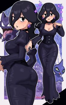 1girl absurdres ass black_dress black_eyes black_hair black_lips border breasts choker cleavage closed_mouth corset cowboy_shot dress earrings from_behind full_body gen_1_pokemon gen_3_pokemon grey_border hair_between_eyes haunter hex_maniac_(pokemon) hex_maniac_(pokemon_xy) highres jewelry long_hair long_sleeves looking_at_viewer looking_back medium_breasts multiple_views nintendo outline pokemon pokemon_(creature) pokemon_legends:_z-a purple_dress sarukaiwolf shuppet smile standing white_outline