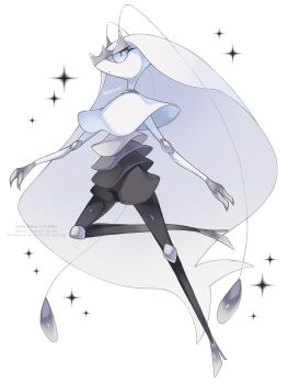 Rule 34 | alternate color, antennae, arthropod girl, black skin, blue eyes, closed mouth, cockroach girl, colored skin, commentary, full body, gen 7 pokemon, highres, iwasi 29, long hair, looking at viewer, nintendo, pheromosa, pokemon, pokemon (creature), pokemon focus, shiny pokemon, simple background, solo, sparkle, star (symbol), symbol-only commentary, twitter username, ultra beast, watermark, white background, white skin