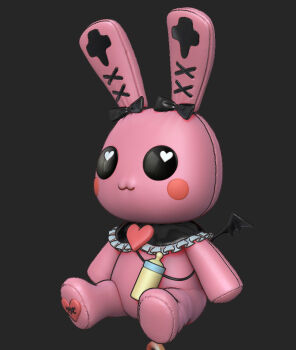 :3 baby_bottle black_background black_collar black_eyes black_wings blush_stickers bottle bow chima_chima collar debitto_(makaino_ririmu) demon_wings ear_bow frilled_collar frills full_body heart heart_in_eye looking_ahead mascot mini_wings name_tag nijisanji no_humans outstretched_legs simple_background sitting smile soles stuffed_animal stuffed_rabbit stuffed_toy symbol_in_eye virtual_youtuber wings