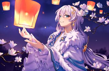 1girl absurdres blue_eyes coat flower frilled_sleeves frills fur-trimmed_coat fur_trim highres lantern long_hair long_sleeves looking_at_viewer pyeong_il smile solo theresa_apocalypse white_hair zhuge_kongming_(honkai_impact)