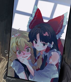 Rule 34 | 2girls, ascot, black vest, blonde hair, blush, bow, braid, brown eyes, brown hair, closed mouth, commentary, detached sleeves, frilled bow, frilled hair tubes, frills, hair bow, hair tubes, hakurei reimu, hashtag-only commentary, highres, kirisame marisa, kouyicha, long hair, mirror, multiple girls, open mouth, red bow, ribbon-trimmed sleeves, ribbon trim, short sleeves, side braid, single braid, smile, touhou, vest, white bow, yellow ascot, yuri