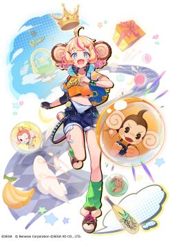 2boys 2girls absurdres aiai_(super_monkey_ball) alice_(risdom) animal_ears blue_eyes blue_shorts bright_pupils copyright_notice crossover crown fang full_body highres midriff mochida_touri monkey monkey_ears multiple_boys multiple_girls official_art open_mouth palette_(super_monkey_ball) pink_streaks risdom running shorts smile super_monkey_ball transparent_background white_pupils