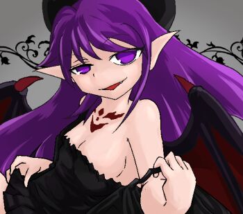 breasts chest_tattoo demon_girl demon_horns demon_wings hecate_(shrift) horns mon-musu_quest! mon-musu_quest:_paradox p_t_o_ pointy_ears purple_eyes purple_hair shrift small_breasts smile tattoo wings