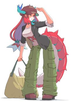1girl alternate_costume bag black_jacket blue_eyes blue_horns breasts cargo_pants commentary_request dragon_girl dragon_horns dragon_tail duel_monster full_body green_pants highres horns jacket kitchen_dragonmaid large_breasts long_hair pants red_hair shibumi simple_background solo standing sweater tail white_background white_sweater yu-gi-oh!