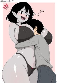 Rule 34 | 1boy, 1girl, adventure time, between breasts, bighugelarge, black hair, blush, breasts, colored skin, curvy, fangs, from side, full-face blush, grey shirt, grey skin, groin, head between breasts, highres, hug, huge breasts, looking at another, marceline abadeer, navel, open mouth, pants, pointy ears, shiny skin, shirt, smile, stomach, surprised, thong, underwear, underwear only, vampire, viewer self-insert, wide hips