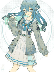 Rule 34 | 1girl, 3pel1, alternate costume, alternate hairstyle, aran sweater, artist name, belt, blue belt, blue bow, blue bowtie, blue eyes, blue hair, bow, bowtie, brooch, cable knit, cardigan, clenched hands, commentary, english text, frilled sleeves, frills, grey cardigan, hair between eyes, hair bun, half-skirt, half updo, highres, hololive, hoshimachi suisei, hoshimachi suisei (school uniform), jewelry, long hair, medium skirt, official alternate costume, official alternate hairstyle, open cardigan, open clothes, pleated skirt, sailor collar, school uniform, serafuku, shirt, side up bun, signature, single side bun, skirt, solo, star brooch, sweater, symbol-only commentary, twitter username, virtual youtuber, white sailor collar, white serafuku, white shirt, white skirt