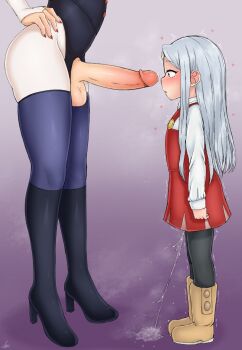 1futa 1girl :o absurdres age_difference black_hair black_pantyhose blush boku_no_hero_academia boots bridal_gauntlets dress erection eri_(boku_no_hero_academia) female_ejaculation female_orgasm from_side futa_with_female futanari grey_hair hands_on_own_hips heart high_heel_boots high_heels highres huge_penis leotard loli long_hair long_sleeves looking_at_penis midnight_(boku_no_hero_academia) onee-loli orgasm pantyhose penis penis_awe precum purple_thighhighs pussy_juice red_dress red_eyes red_nails signature slimyylolitrash source_request spontaneous_orgasm standing testicles thick_thighs thighhighs thighs trembling