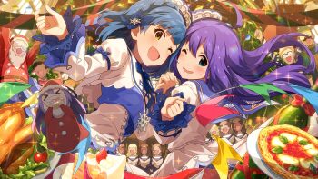 Rule 34 | 2girls, ahoge, blue bow, blue hair, blush, bow, braid, chicken (food), christmas, commentary request, dress, floating hair, food, game cg, green eyes, hair bow, hair ornament, idolmaster, idolmaster million live!, idolmaster million live! theater days, long hair, long sleeves, looking at viewer, margherita pizza, medium hair, mochizuki anna, multiple girls, nanao yuriko, official alternate costume, official art, one eye closed, open mouth, pizza, purple hair, smile, snowflake hair ornament, standing, third-party source, white dress