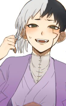 1boy asagiri_gen black_eyes black_hair blush dr._stone fangs green_eyes hand_up highres jacket japanese_clothes kimono looking_at_viewer male_focus multicolored_hair open_mouth pov purple_jacket purple_kimono pxbyz6ynhc83433 shirt short_hair simple_background smile solo split-color_hair sweatdrop two-tone_hair upper_body white_background white_hair white_shirt
