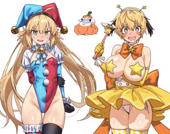 absurdres artoria_caster_(fate) artoria_pendragon_(fate) bell black_gloves blonde_hair blue_leotard blush blush_stickers bow bowtie breasts detached_collar ebora elbow_gloves fate/grand_order fate_(series) gareth_(fate) gloves green_eyes hair_flaps hairband hat highleg highleg_leotard highres jester_cap jingle_bell large_breasts leotard long_hair long_sleeves looking_at_viewer melusine_(fate) open_mouth pasties puffy_sleeves pumpkin_costume red_leotard short_hair skirt small_breasts smile thighhighs thighs twintails wand white_leotard yellow_gloves yellow_skirt yellow_thighhighs