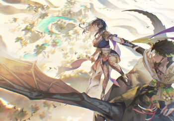 Rule 34 | 1boy, 1girl, absurdres, blue eyes, breasts, claude von riegan, claude von riegan (winds offered), cleavage, dark-skinned male, dark skin, dragon, female byleth (fire emblem), female byleth (jehanna) (fire emblem), fire emblem, fire emblem: three houses, fire emblem heroes, highres, holding another's arm, large breasts, medium hair, nintendo, official alternate costume, riding, riding animal, standing, wyvern, zhihaiwusheng