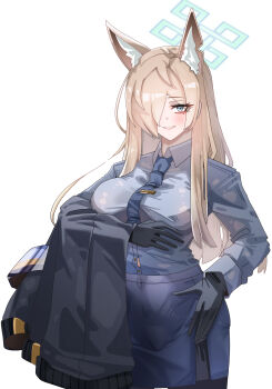 1girl absurdres animal_ear_fluff animal_ears black_gloves black_jacket blonde_hair blue_archive blue_eyes blue_necktie blue_shirt blue_skirt blush breasts commentary ekf_voddl elbow_carry gloves hair_over_one_eye halo highres jacket kanna_(blue_archive) korean_commentary large_breasts long_hair looking_at_viewer necktie one_eye_covered shirt shirt_tucked_in simple_background skirt smile solo straight_hair very_long_hair white_background