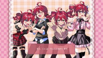 Rule 34 | 1girl, ahoge, black pants, black skirt, blush, camisole, commentary request, drill hair, frills, hair between eyes, hair ornament, heroine re quest, jirai kei, kasane teto, korean commentary, long sleeves, looking at viewer, open mouth, pants, partial commentary, pc-98 (style), pink shirt, red eyes, red hair, samsap, shirt, simple background, skirt, smile, solo, translated, twin drills, utau