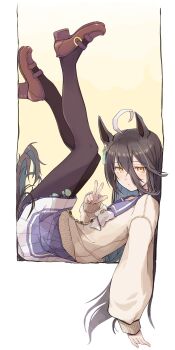 1girl ahoge animal_ears black_hair blush bow bowtie brown_cardigan brown_pantyhose cardigan closed_mouth commentary_request ear_tag earrings hair_between_eyes highres horse_ears horse_girl horse_tail jewelry legs_up long_bangs long_hair long_hair_between_eyes long_sleeves looking_at_viewer manhattan_cafe_(umamusume) mochiki multicolored_hair pantyhose pleated_skirt purple_sailor_collar purple_serafuku purple_shirt purple_skirt sailor_collar sailor_shirt school_uniform serafuku shirt shoes single_earring skirt solo tail tracen_school_uniform umamusume very_long_hair w white_bow white_bowtie white_hair yellow_eyes