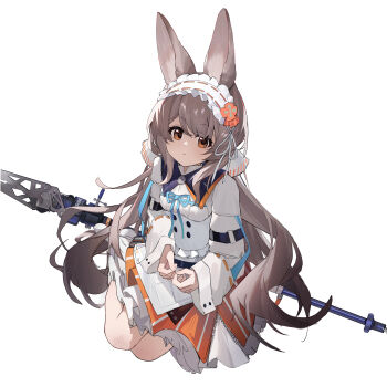 1girl absurdres animal_ears arknights brown_hair dress frilled_hairband frills grey_hair hairband highres holding long_hair long_sleeves looking_at_viewer orange_eyes rabbit_ears rabbit_girl ribbon shenhai_xianyu_fan skirt solo warmy_(arknights)