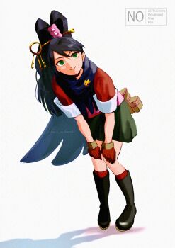1girl ace_attorney ace_attorney_investigations black_boots black_hair boots closed_mouth full_body gloves green_eyes green_skirt hair_ornament hair_stick highres kay_faraday leaning_forward purple_scarf rat_nkmi red_gloves red_socks scarf simple_background skirt smile socks solo standing watermark white_background