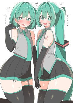 Rule 34 | 2girls, :d, ?, absurdres, adapted costume, alternate hair length (shorter), alternate hairstyle, aqua eyes, aqua hair, aqua trim, bare shoulders, black gloves, black skirt, black thighhighs, blush, bob cut, bright pupils, collared shirt, commentary, elbow gloves, feet out of frame, flying sweatdrops, garter straps, gloves, grey garter straps, grey shirt, hair ornament, hand up, hatsune miku, heart, highres, holding hands, kneeling, long hair, looking at viewer, miniskirt, multiple girls, necktie tucked into waistband, nervous, nervous smile, no nose, number tattoo, open mouth, partially translated, playing with own hair, pleated skirt, ponytail, raised eyebrows, red tattoo, shirt, shirt tucked in, short hair, shoulder tattoo, simple background, skirt, sleeveless, sleeveless shirt, smile, sweatdrop, tattoo, thighhighs, thighs, translation request, uruti 2388, very long hair, vocaloid, white background, white pupils, wide hips, zettai ryouiki