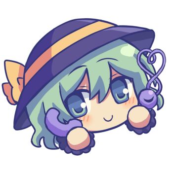 1girl black_hat blush camera closed_mouth commentary eyeball green_eyes green_hair hashtag-only_commentary hat hat_ribbon heart heart_of_string highres holding holding_camera komeiji_koishi looking_at_viewer ribbon silverrain simple_background smile solo third_eye touhou white_background yellow_ribbon