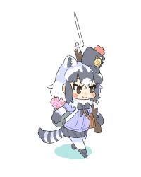 Rule 34 | 1girl, animal ears, backpack, bag, bayonet, black footwear, black gloves, black hair, black skirt, blue hair, blush, boots, brown eyes, chibi, closed mouth, commentary request, common raccoon (kemono friends), fur collar, gloves, gun, hat, holding, holding gun, holding weapon, jacket, jibakurei (elite unchi), kemono friends, looking ahead, lowres, military hat, mini shako cap, multicolored hair, over shoulder, pantyhose, puffy short sleeves, puffy sleeves, purple jacket, raccoon ears, raccoon girl, raccoon tail, rifle, short hair, short sleeves, simple background, skirt, smile, solo, tail, tilted headwear, walking, weapon, weapon over shoulder, white background, white hair, white pantyhose