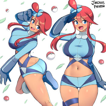 1girl :d ass bare_legs blue_gloves breasts butt_crack dark-skinned_female dark_skin gloves half_updo highres jarckius large_breasts multiple_views navel nintendo open_mouth poke_ball pokemon pokemon_bw red_hair salute skyla_(pokemon) smile thigh_gap thigh_strap thighs
