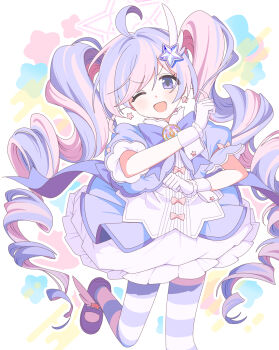 1girl ahoge blue_archive drill_hair gloves hair_ornament halo highres magical_girl nichaku one_eye_closed pantyhose pink_halo reisa_(blue_archive) reisa_(magical)_(blue_archive) star_(symbol) star_hair_ornament star_halo striped_clothes striped_pantyhose twin_drills two-tone_pantyhose wing_hair_ornament