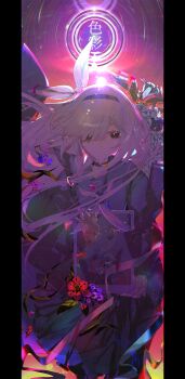 1girl absurdres backlighting black_choker black_eyes black_hairband blue_archive bow choker cowboy_shot floating_hair flower hair_bow hairband halo highres long_hair looking_at_viewer memo2tuika parted_lips plana_(blue_archive) school_uniform straight_hair swept_bangs tablet_pc tears white_hair