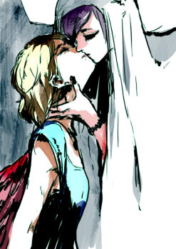 Rule 34 | 2girls, blonde hair, bracelet, earrings, closed eyes, imminent kiss, jewelry, multiple girls, original, purple hair, short hair, tima, yuri