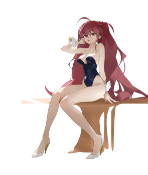 1girl absurdres dokshuri high_heels highres original playboy_bunny red_eyes red_hair sitting solo tongue tongue_out white_background