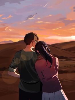 1boy 1girl artist_name black_hair black_pants black_shirt brown_hair cloud cloudy_sky commentary couple dress english_commentary eren_yeager hetero highres jacket leaning_on_person lens_flare long_hair mikasa_ackerman outdoors pants ponytail red_jacket shingeki_no_kyojin shirt short_hair sky sleeves_rolled_up sumiensp sunset upper_body white_dress