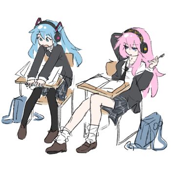 2girls bag blue_eyes blue_hair cardigan desk hatsune_miku headset highres holding holding_pen megurine_luka multiple_girls necktie pen pink_hair school_bag school_desk school_uniform shirt truffleduster twintails vocaloid white_shirt