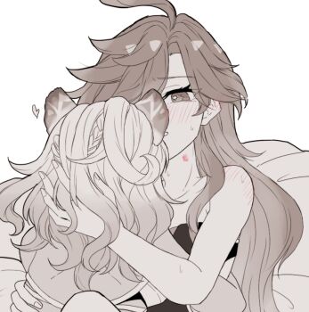 2girls animal_ears blush commentary_request ear_blush genshin_impact hand_in_another's_hair hickey hzv_jp jaguar_ears long_hair mavuika_(genshin_impact) multiple_girls shoulder_blush simple_background sweat white_background xilonen_(genshin_impact) yuri