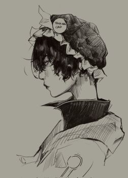 1other androgynous arrow_print closed_mouth collared_shirt commentary cropped_torso detached_hood english_text frilled_headwear greyscale hair_between_eyes hat hatsburg high_collar highres hood hood_down hooded_jacket jacket len&#039;en light_blush lipstick makeup mob_cap monochrome nostrils open_clothes open_jacket other_focus print_sleeves realistic shirt shitodo_kuroji short_hair solo symbol-only_commentary triangular_headpiece