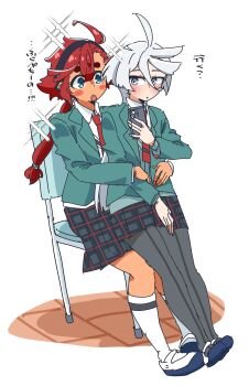 Rule 34 | 2girls, absurdres, be go ichi, black hairband, black pantyhose, black skirt, blue eyes, cellphone, chair, collared shirt, commentary request, green jacket, grey eyes, gundam, gundam suisei no majo, gundam suisei no majo: seishun frontier, hairband, hands on another's waist, highres, holding, holding phone, jacket, long hair, mary janes, miorine rembran, multiple girls, necktie, on chair, pantyhose, phone, plaid clothes, plaid skirt, ponytail, red hair, red necktie, shirt, shoes, simple background, sitting, sitting on lap, sitting on person, skirt, smartphone, socks, sparkle, suletta mercury, thick eyebrows, white background, white hair, white shirt, white shoes, white socks, yuri