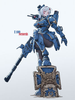 1girl absurdres adeptus_astartes arm_armor armor blue_armor bodystocking breasts bullet_hole cannon character_name commentary e-100 gold_trim gun hair_ornament highres holding holding_cannon holding_gun holding_weapon huixing_chloy large_breasts long_hair looking_at_viewer machine_gun multicolored_hair orange_eyes original over_shoulder parted_lips personification planted_shield red_streaks scar scar_on_face shield shoulder_armor simple_background solo standing streaked_hair thigh_armor ultramarines very_long_hair warhammer_40k weapon weapon_over_shoulder white_background white_hair world_of_tanks