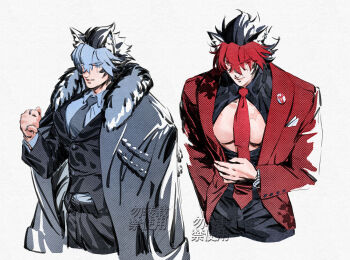 2boys animal_ears black_shirt black_vest blue_eyes blue_hair blue_shirt coat commentary dog_boy dog_ears grey_coat grey_necktie grey_vest highres komama komano_manato komano_manato_(white_heart_silhouette) male_focus multicolored_hair multiple_boys necktie open_clothes red_hair red_necktie red_vest shirt symbol-only_commentary vest zenless_zone_zero