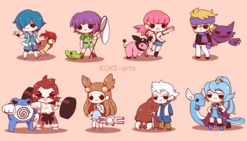 3girls 5boys :d arm_behind_back artist_name barbell barefoot bird black_footwear black_shirt black_socks blonde_hair blue_dress blue_hair blue_jacket blue_shirt blue_shorts bow brown_footwear brown_hair bugsy_(pokemon) butterfly_net cane chibi chuck_(pokemon) clair_(pokemon) clenched_hands closed_mouth commentary dragonair dress english_commentary facial_hair falkner_(pokemon) full_body gen_1_pokemon gen_2_pokemon green_neckerchief green_shirt green_shorts hair_ornament hair_over_one_eye half-closed_eyes hand_net hands_on_own_hips haunter headband holding holding_butterfly_net holding_cane holding_poke_ball jacket jasmine_(pokemon) koki_arts long_hair magnemite metapod miltank morty_(pokemon) multiple_boys multiple_girls mustache neckerchief nintendo old old_man open_clothes open_jacket open_mouth pants pidgeotto piloswine pink_background poke_ball poke_ball_(basic) pokemon pokemon_(creature) pokemon_hgss poliwrath ponytail pryce_(pokemon) purple_hair purple_headband purple_scarf red_pants scarf shirt short_hair short_shorts shorts simple_background smile socks standing standing_on_one_leg topless_male twintails v-shaped_eyebrows white_hair white_jacket white_pants white_scarf whitney_(pokemon)