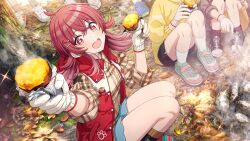 Rule 34 | food, game cg, gloves, idolmaster, idolmaster shiny colors, komiya kaho, leaf, official art, open mouth, red eyes, red hair, star-shaped pupils, star (symbol), symbol-shaped pupils, tree