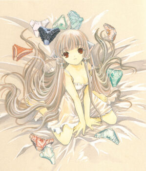 00s 1girl aqua_panties bare_arms barefoot bed_sheet between_legs blonde_hair blue_panties bow bow_panties brown_eyes chemise chii chobits clamp female_focus from_above hair_tubes hand_between_legs highres lace lace-trimmed_panties lace_trim long_hair looking_at_viewer looking_up multiple_panties orange_panties panties scan see-through_clothes sitting smile solo strap_slip underwear v_arms very_long_hair wariza white_chemise white_panties