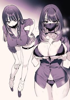 1girl absurdres areola_slip bent_over bikini blush breasts breasts_out choker cleavage collarbone collared_shirt covered_mouth cowboy_shot ear_piercing front-tie_bikini_top front-tie_top full_body gyaru highres kat_(bu-kunn) large_breasts looking_at_viewer mask medium_hair miniskirt monochrome mouth_mask open_mouth original piercing plaid_clothes plaid_skirt pleated_skirt shirt skirt standing swimsuit thigh_strap underboob