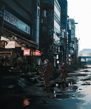 2boys blowing_bubble_gum brown_hair building chewing_gum grey_hair gun highres holding holding_gun holding_weapon kanae_(nijisanji) kuzuha_(nijisanji) male_focus multiple_boys nijisanji outdoors puddle sky soireemoko virtual_youtuber weapon wide_shot