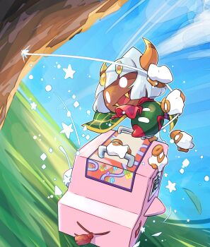 1boy cape fangs gloves horns kirby_(series) kirby_air_ride kirby_air_riders nintendo okiza_yuuri outdoors rayman_limbs red_cape red_scarf scarf silk solo spider_web taranza wagon_star white_gloves white_hair