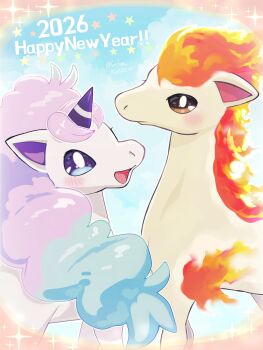 Rule 34 | 2026, aqua hair, blue eyes, blush, brown eyes, chinese zodiac, closed mouth, commentary request, fiery hair, fire, galarian form, galarian ponyta, gen 1 pokemon, gen 8 pokemon, happy new year, highres, horns, horse, looking at viewer, multicolored hair, new year, nintendo, no humans, open mouth, pokemon, pokemon (creature), pokemon focus, ponyta, purple hair, runachikku, single horn, star (symbol), two-tone hair, unicorn, year of the horse