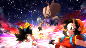 1girl 2boys above_clouds asu_no_yozora_shoukaihan_(vocaloid) backpack bag bandana black_eyes black_gloves black_hair blue_bag blue_scarf blue_shirt boots brown_gloves brown_jacket child cloud dougi dragon_ball dragon_ball_gt fingerless_gloves floating_clothes floating_hair flying giru_(dragon_ball) gloves green_eyes jacket midriff multiple_boys orange_bandana orange_pants pan_(dragon_ball) pants pink_clouds purple_hair red_clouds red_shirt robot rom_(20) scarf shirt shorts sky son_goku star_(sky) starry_sky t-shirt trunks_(dragon_ball) twilight vocaloid white_shorts wristband
