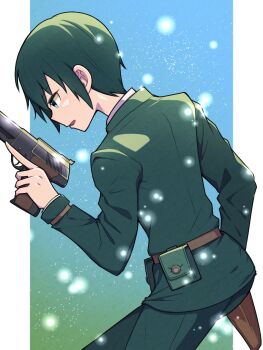 1girl androgynous aqua_eyes belt_pouch colt_woodsman from_side gradient_background green_hair green_jacket green_pants gun handgun highres holding holding_gun holding_weapon holster jacket kino_(kino_no_tabi) kino_no_tabi long_sleeves looking_ahead pants pctl_kino1 pillarboxed pouch shirt short_hair weapon white_shirt
