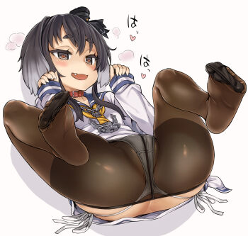 10s 1girl anus anus_peek asanagi ass black_hair black_pantyhose blush butt_crack clothes_pull collar crotch_seam dress fang feet female_focus hat heart heart-shaped_pupils heavy_breathing highres kantai_collection long_sleeves lying mini_hat no_shoes on_back open_mouth panties panties_under_pantyhose pantyhose pantyhose_pull partially_visible_anus partially_visible_vulva presenting sailor_dress short_hair short_hair_with_long_locks side-tie_panties sidelocks simple_background sleeves_past_wrists smile soles solo spread_legs string_panties symbol-shaped_pupils thick_eyebrows thighband_pantyhose toe_scrunch toes tokitsukaze_(kancolle) translated underwear white_background white_panties