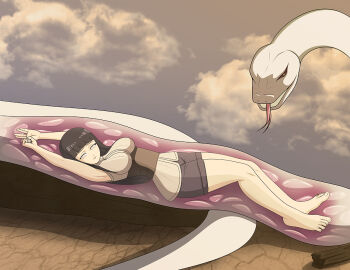 1girl bad_end barefoot black_hair cloud cloudy_sky defeat elmonais feet helpless hyuuga_hinata imminent_death inside_creature naruto_(series) outdoors predator_and_prey sky snake toes vore