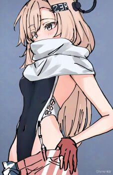 1girl american_flag american_flag_print american_flag_skirt black_one-piece_swimsuit blue_background brown_eyes brown_hair commentary_request denim denim_skirt flag_print garter_straps gloves headgear highleg highleg_one-piece_swimsuit kantai_collection mani_oniniku one-hour_drawing_challenge one-piece_swimsuit partially_fingerless_gloves print_skirt red_gloves scarf single_garter_strap skirt solo super_highleg swimsuit two-tone_one-piece_swimsuit wahoo_(kancolle) white_scarf